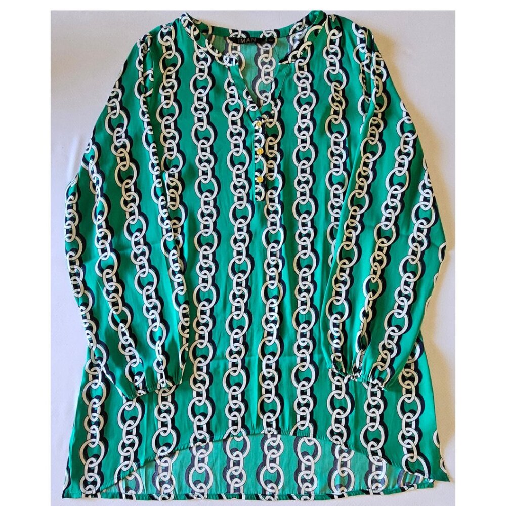 IMAN Tunic Top Blouse Green Chainlink Print Women's M NWT